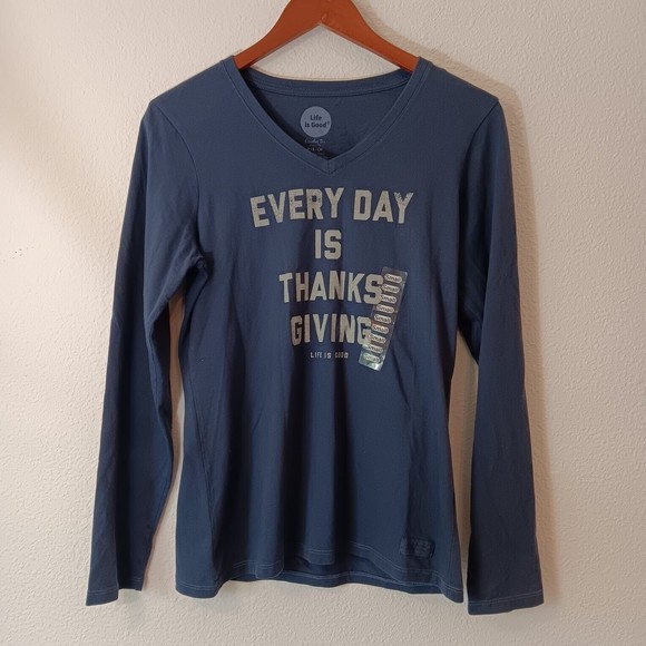 NWT Life Is Good Crusher T-shirt Women's Blue Every Day Is Thanksgiving Size S - Picture 1 of 9